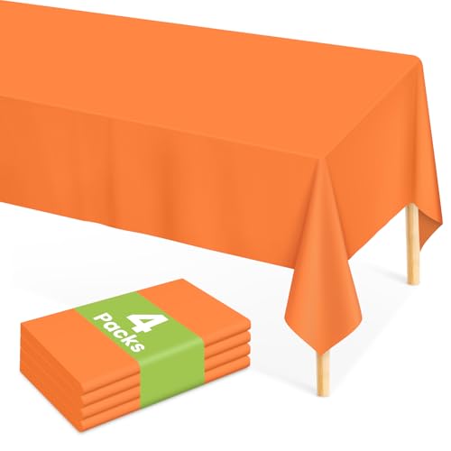 Image of Mulbozy Orange Plastic Table Cloth Disposable 4 Pack, 54 x 108 Inch Tablecloths Rectangle, Orange Plastic Table Cover for Party Decor