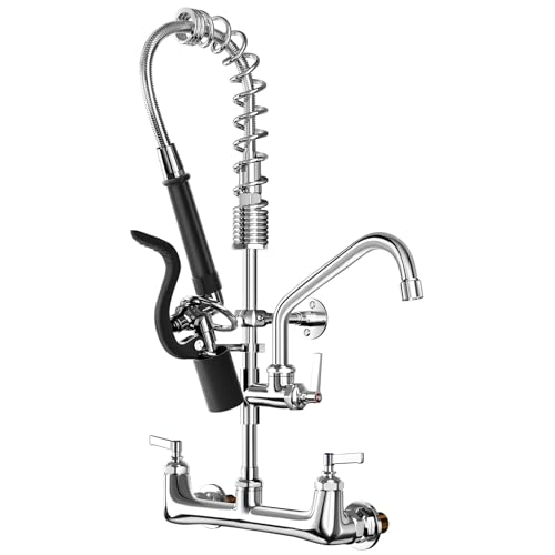 21" Height-Commercial Kitchen Sink Faucet with Sprayer-JZBRAIN Wall Mount 8 inch Center Add-on 8" Spout Pre-Rinse Faucet for 1 or 2 Compartments Sink