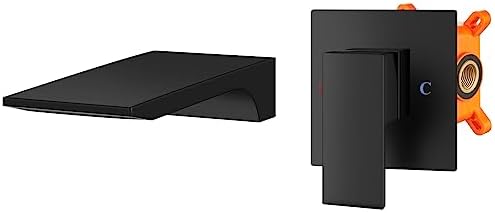 Aolemi Wall Mount Matte Black Bathroom Sink Faucet Wall Mount Tub Filler Tub Faucet 1 Handle Single Hole 3.9" Wide Waterfall Spout with Rough-in Valve Bathtub Basin Mixer Tap