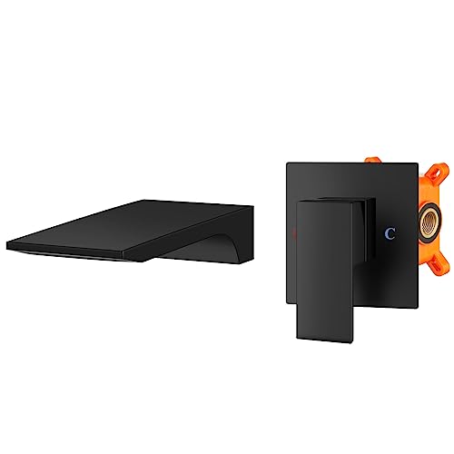 Aolemi Wall Mount Matte Black Bathroom Sink Faucet Wall Mount Tub Filler Tub Faucet 1 Handle Single Hole 3.9" Wide Waterfall Spout With Rough-In Valve Bathtub Basin Mixer Tap #TOP17