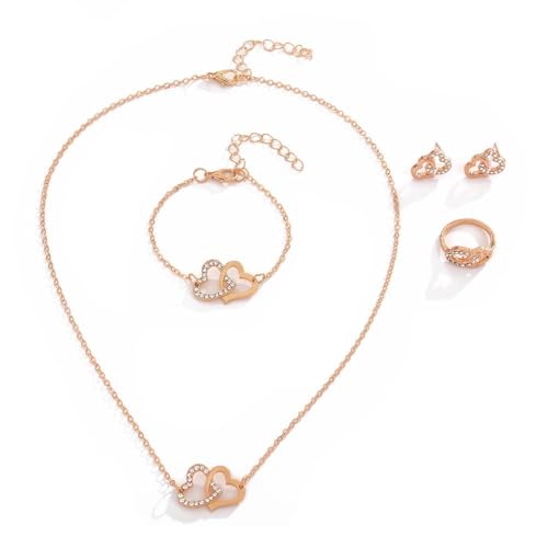 FDEETY Schmuckset Damen Doppelt Herz Kristall Anhänger Halskette Ohrstecker Armband Ringe Schmuck Set Brautschmuck Geschenke für Mädchen Hochzeit Engagement Party (Roségold)