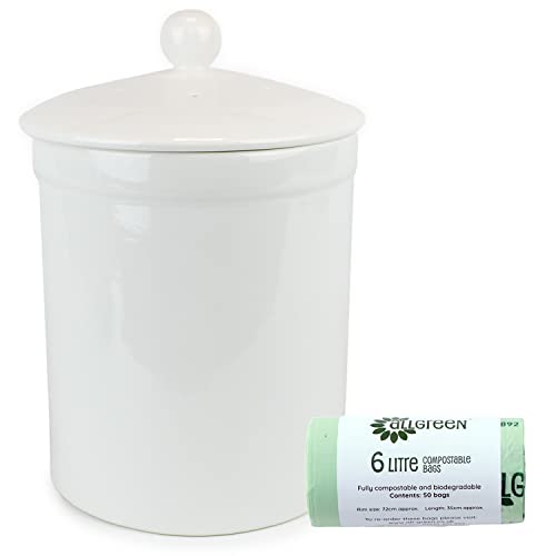 White Ceramic Compost Caddy & 50x 6L Compostable Bags - Portland Kitchen Ceramic Compost Bin for Food Waste Recycling