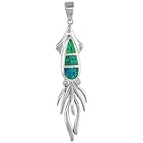 Sterling Silver Synthetic Opal Squid Pendant for Women Hand Inlay Cubic Zirconia Accent1 7/8 inch Tall