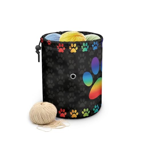 Sellikakes Bolsa organizadora pequena de tricô de crochê com cordão para armazenamento de fios de tricô, bola de novelo de loja, pata de cachorro arco-íris