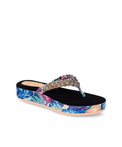 Image of ZAPATOZ Women's Floral Platform Sandals with Braided Gold Embellishment, Black Velvet Thong Slippers, Printed Sole Design