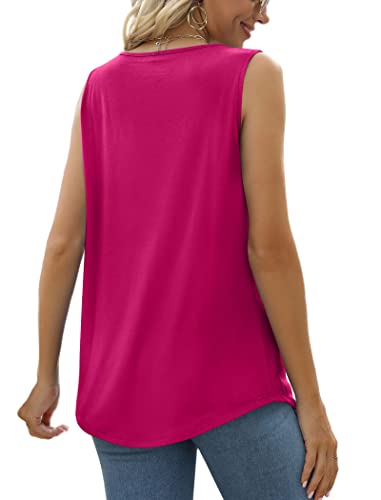 Image of Saloogoe Summer Tank Tops for Women Loose Fit Pleated Square Neck Sleeveless Tops Curved Hem Flowy