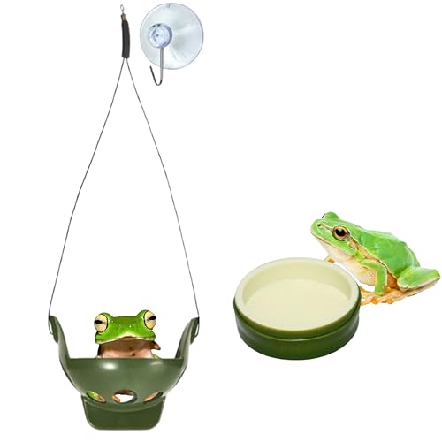 Frog Hide Out and Water Dish Bowl Set, Frog Terrarium Kit with Suction Cup and Food Dish, Tree Frogs Terrarium Accessories, Aquarium Decor, Reptile Tank Supplies for Bullfrog (Green, S)