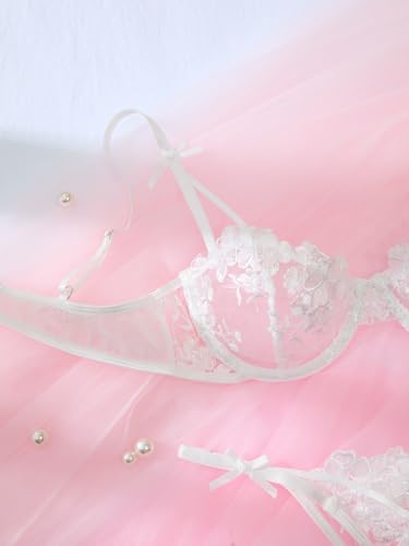 Image of Lilosy Sexy Underwire Cute Push Up Strappy Embroidered Mesh Sheer Lingerie Set See Through Panty Bra