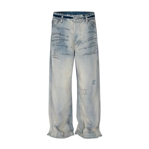 Men’s Trendy Workwear Jeans, Ripped Style, Embroidered Letters, High-Rise Button Design