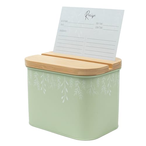 Recipe Box with Cards | Tin Recipe Card Box with [Set of 50] Recipe Cards 4x6 | Green Recipe Cards and Box Set for Bridal Shower | Recipe Card Holder w/ Bamboo Lid | DIY Cookbook Recipe Holder