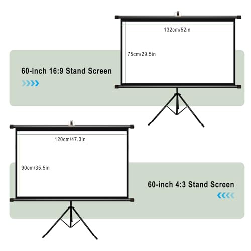Pantalla de proyector con trípode ajustable en altura, antiarrugas, portable de 60 pulgadas 4:3 para cine en casa y uso exterior miniatura 6