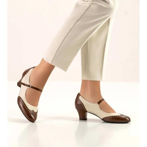 Women's Mary Jane Kitten Heel Two Tone Splicing Wingtip Pumps Closed Round Toe 1.8 Inch Chunky Heel with Ankle Strap Oxford Style Party Office Lady Dress Pumps Shoe4