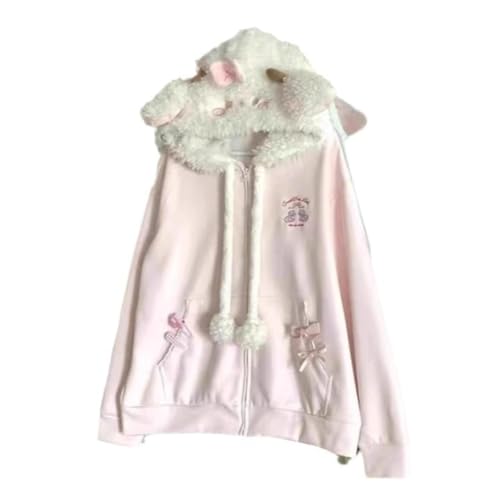 DUHENWU Kawaii Y2K Sudadera con capucha para mujer, chaqueta bordada, chaqueta holgada, cálida, forro polar, abrigo, bordado, camiseta de manga larga, elegante sudadera con capucha, O rosa., S