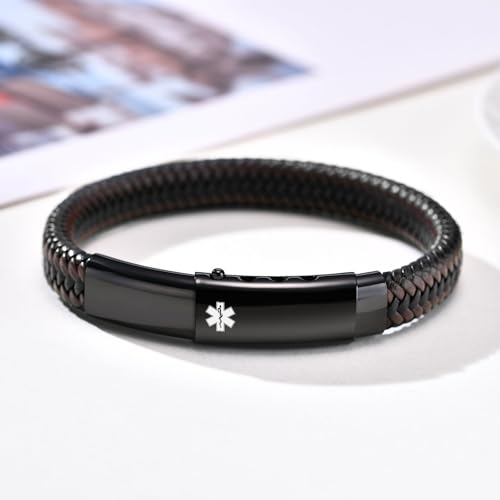 Personalized Medical Alert Bracelet for Men - Custom Stainless Steel and 2-Tone Braided Leather Medical ID Bracelets, Adjustable Emergency Medic ID Bracelet for Autism Allergy Diabetic Asthma Epilepsy3