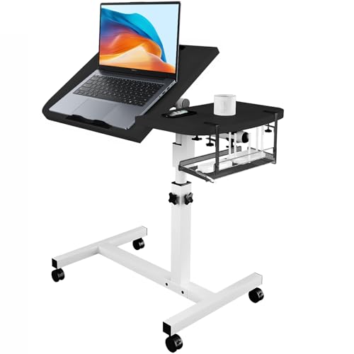 BOODPET Table de lit réglable pour ordinateur portable avec bureau inclinable, roulettes et panier de rangement amovible - Table de chevet pour bureau à...