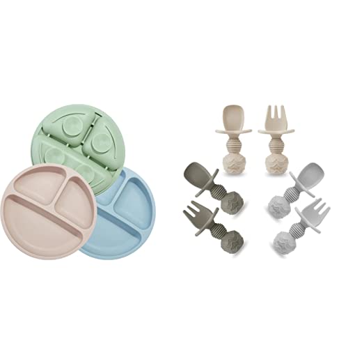 Image of PandaEar Divided Unbreakable Silicone Baby and Toddler Plates & Baby Spoons and Fork Feeding Set