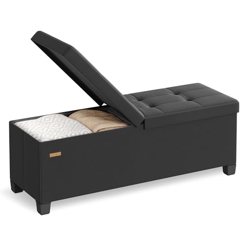 SONGMICS Storage Ottoman Bench with Legs, Folding Ottoman Foot Rest with Flipping Lid, Bench with Storage, for Living Room, Bedroom, Entryway, Linen-Look Fabric, 43.3 Inches, Ink Black ULSF079BH01