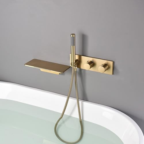 Mitigeur thermostatique or brossé de luxe avec cascade pour baignoire