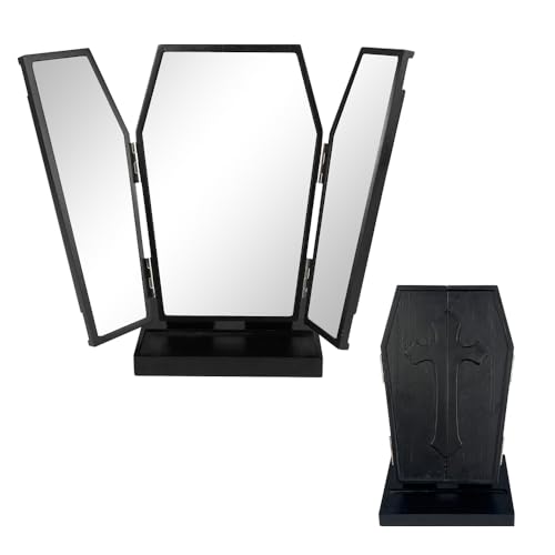 Gothvanity Gothic Coffin Trifold Vanity Mirror - Adjustable Angle Spooky Dark Aesthetic Makeup Mirror Solid Wooden with Storage Tray Dressing Table Decor for Goth Girls