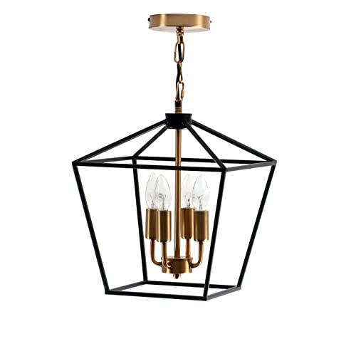 Lámparas de araña granja, E14 4 luces Linterna dorada Iluminación colgante Luz de techo de jaula calada industrial de 14 pulgadas, para pasillo, comedor, vestíbulo (Gold) Cover