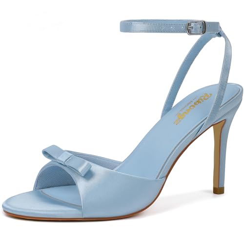 RIBONGZ Women's High Light Blue Heels Round Open Toe Sexy Kitten Sandals Stiletto Heeled Pumps Ankle Strap Bridal Shoes with Bow Summer Wedding Party Casual Office Work 8