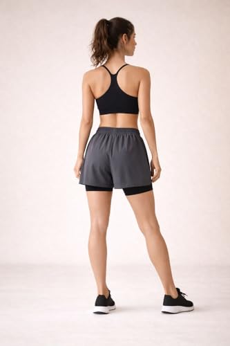 Image of Women's 2-in-1 Running Shorts | Quick-Dry Double Layer Gym Workout Shorts | Inner Compression Liner + Pockets | Lightweight Breathable Athletic Sports Shorts for Training Yoga