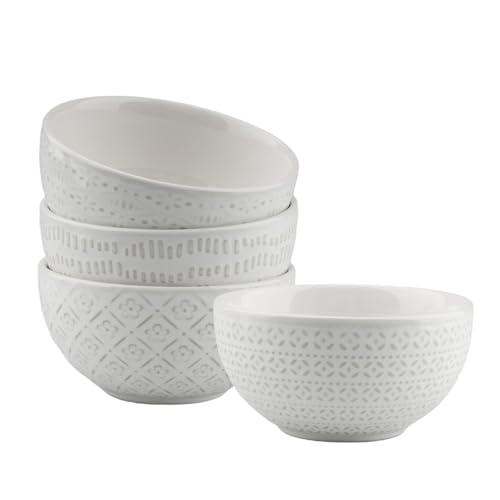 quiodok Juego de 4 Tazones Desayuno mit Reliefmuster, Cuenco para Cereales, Durchmesser 11.5cm, Bol Cocina, Bol Desayuno para Sopa, Cuencos Ceramica para Muesli, Snacks, Ramen o Postres (Blanco)