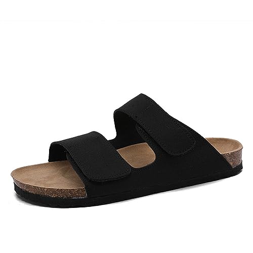 GHYUBYER Slippers for Men Summer Beach Open Toe，Men’s Cow Suede Leather Slide Sandals，2-Strap Adjustable Buckle (Color : Black, Size : 43EU)