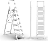 SOLADDER 6 Step Ladder, Folding Step Stool with Handgrip and Anti-Slip Wide Pedal, Portable Lightweight Aluminum Stepladder for Kitchen, Home, Library, Office (300 lbs Capacity) - White