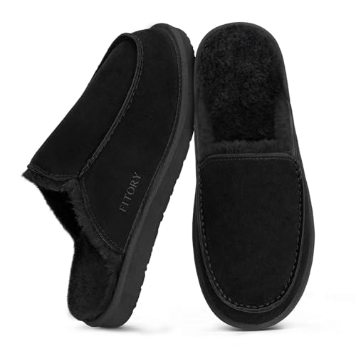 Image of FITORY Men’s Faux Fur House Slippers,Slip on Cozy Winter Shoes for Indoor and Outdoor Black Size 10
