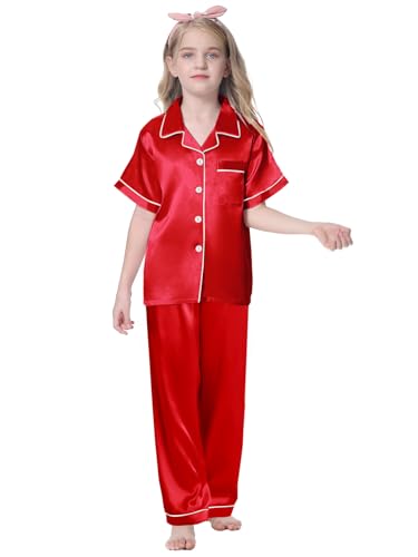 Umeyda Girls Pajamas, Satin Pjs Silk Sleepwear Comfy Family Matching 2Pcs Lightweight Loungewear Gift for Teen Kids, Red, 10-11 Years = Tag 1503