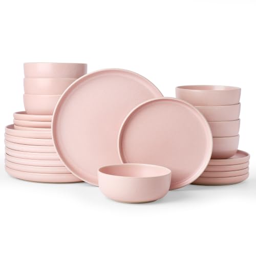 Image of Famiware Milkyway 24-Piece Stoneware Dinnerware Set, Light Pink | Plates and Bowls for 8, Reactive Glaze Dish Set, Microwave & Dishwasher Safe, Chip & Scratch Resistant