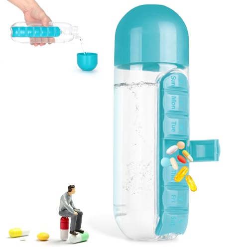 Portable Pill Box Water Cup,2 in 1 Water Bottle Pill Box Storage Box,20 oz Daily Sports Water BottleOrganizer 7 Days Capsule Organizer