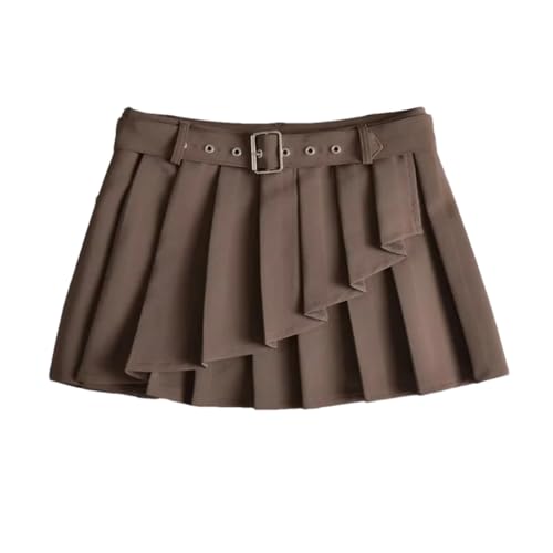 Women's Pleated Skirt with Belt Asymmetrical Solid Color Side Zipper Skirt for Office Wear