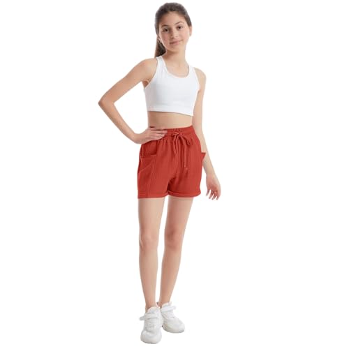 Girls Tie Front Linen Shorts with Pockets Casual Cotton Elastic Waist Shorts with Drawstring Trendy Summer Beach2