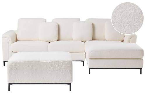 Beliani Canapé d'angle à Gauche Salon Moderne en Forme de L avec Pouf Tapissé en Tissu Bouclé Blanc Oslo