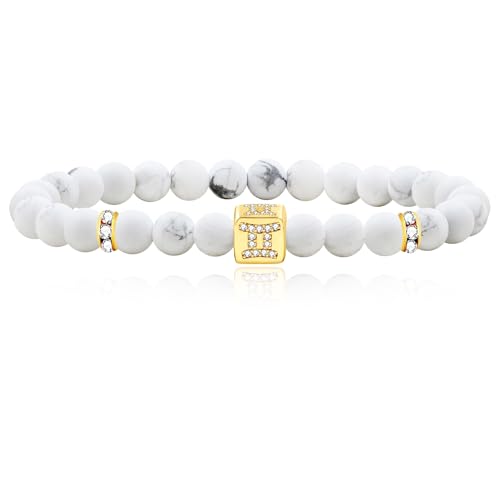 Image of Inlaid Zircon 12 Constellation Adjustable Stretch Bracelet - 6mm Frosted White Turquoise Beaded Bracelets for Women Men SJYA4647