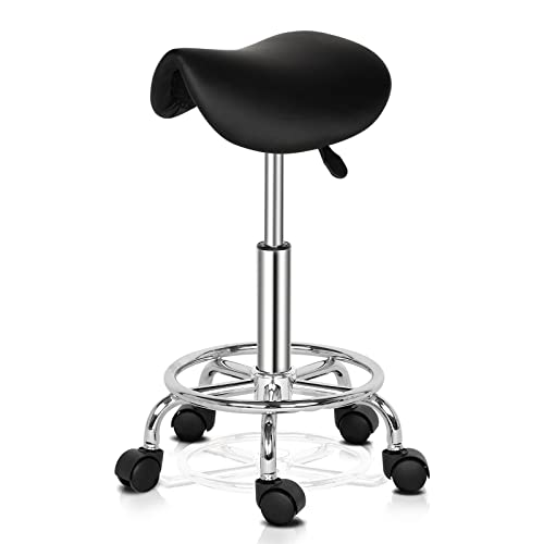 Bonnlo Adjustable Saddle Salon Stool Hydraulic Gas Lift Chair Swivel Rolling Wheels & Ergonomic for Hairdressing Manicure Tattoo SPA Beauty Therapy Bar Studio Black
