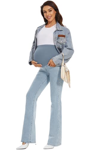 Glamix Women's Stretch Maternity Bootcut Jeans With Pockets Over The Belly Bell Bottoms Flare Denim Pants Pregnancy Clothes Light Blue #TOP5