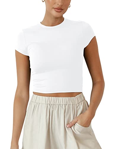 BAIGRAM Women Slim Cap Sleeve Round Neck Crop Tee Tops Basic Cute Form Fitting Baby Tshirt Summer Yoga Shirt 2025 Going Out