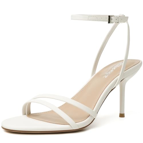 Image of RIBONGZ High Heels for Women Kitten Heeled Sandals with Ankle Strap Round Open Toe Strappy Stiletto Heels Comfort Summer Wedding Party Evening Prom Daily Dressy Shoes