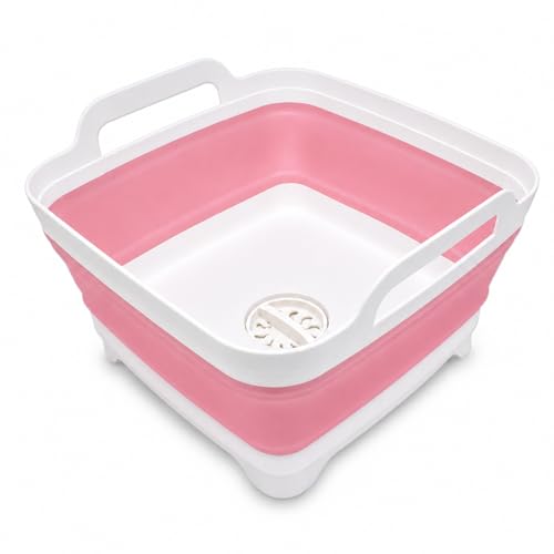 Image of 2.4 Gal(9L) Collapsible Dish Basin with Drain Plug, Space Saving Outdoor Multiuse Foldable Sink Tub, Dishpan, Kitchen Storage Tray for Camping, Vegetable Washing, RV (Pink)