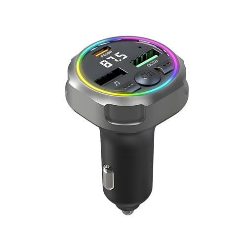 Qumox Transmisor FM Bluetooth 5.3 para Coche, Cargador PD 30W + QC3.0, Luz Ambiental RGB, Puertos USB Dobles, Manos Libres, Audio Hi Fi, Compatible con iPhone/Samsung/Todo Tipo de Vehículos