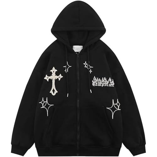 RYXSUN Gothic Hoodie Women Men Embroidery Zip Up Youth Hip Hop Cross Graphic Retro Fleece Sweatshirt Streetwear Black