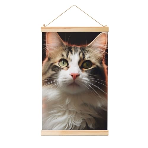 Impression sur toile de chat vintage avec cintre en bois suspendu 61x91cm