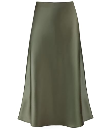 Women's Satin High Waist Hidden Elasticized Waistband Flared Casual A Line Midi Skirt (Army Green,...