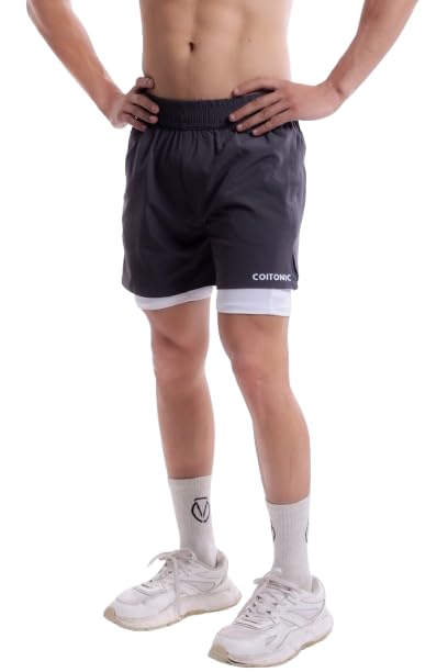 Image of COITONIC 2 in 1 Active Dual Black Shorts with Inner Tights Layer | Men's Double Layer Short for Running, Gym & Sports