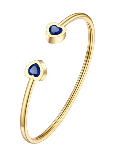 PROSTEEL Birthstone Bracelets for Women, Jan-Dec, Gold Plated Stainless Steel Heart Bangle Cuff, Fit Wrist from 5.5''-7'' in Circumference, Come with Box