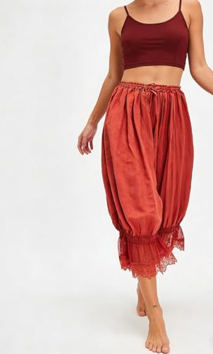 Image of NUFIWI Women Ruffle Long Bloomer Y2k Lace Trim Pettipants Pantaloons Mid Rise Cropped Pajama Pants Under Dress Slips