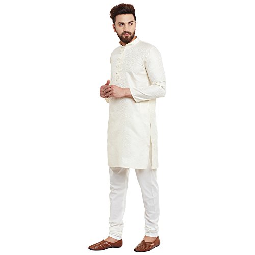 Image of Sojanya (Since 1958 Men's Red Jacquard Silk Kurta & Churidaar Pyjama